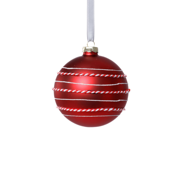 Zodax 4" Red Matte Glass Ball Ornaments with White & Red Rope, Set of 6