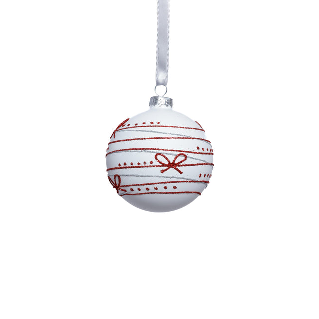 Zodax 3.25" Matte Glass Holiday Ball Ornaments with Red Ribbon Design, Set of 6