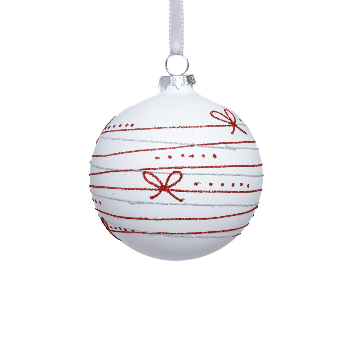 Zodax 4-Piece Set Matte 4.75" Glass Christmas Ball Ornaments with Red Ribbon Design