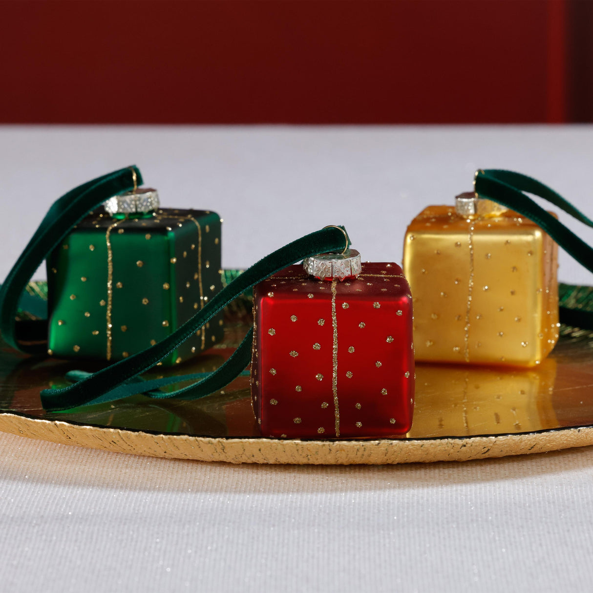 Zodax Glass Gift Box Holiday Ornaments, 12 Hanging Pieces (4 Sets of 3)