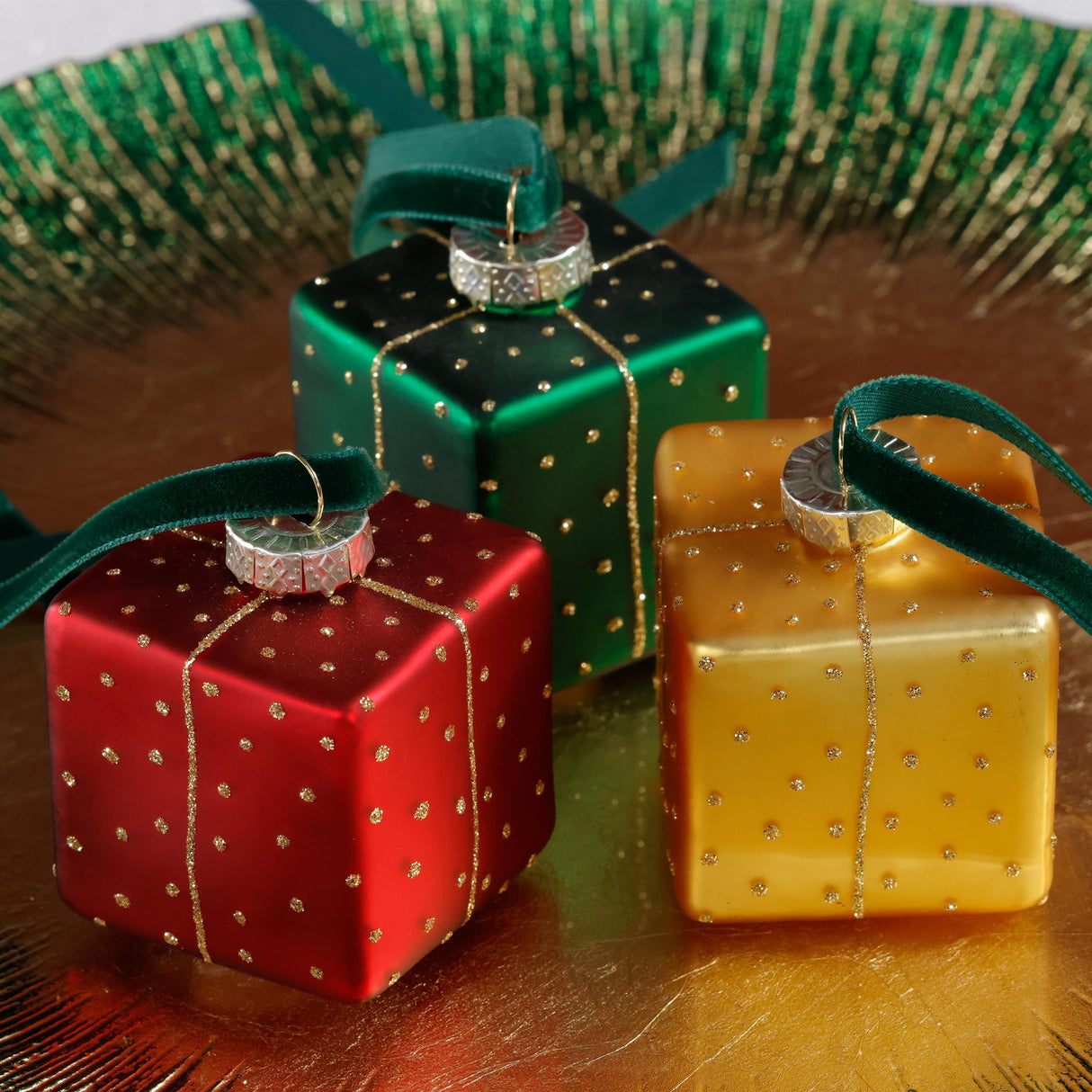 Zodax Glass Gift Box Holiday Ornaments, 12 Hanging Pieces (4 Sets of 3)