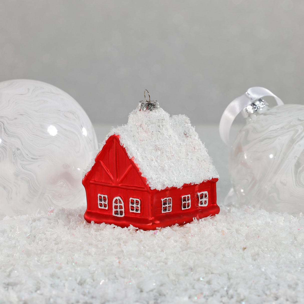 Zodax Glass Red House with White Roof Christmas Hanging Ornaments, Set of 12
