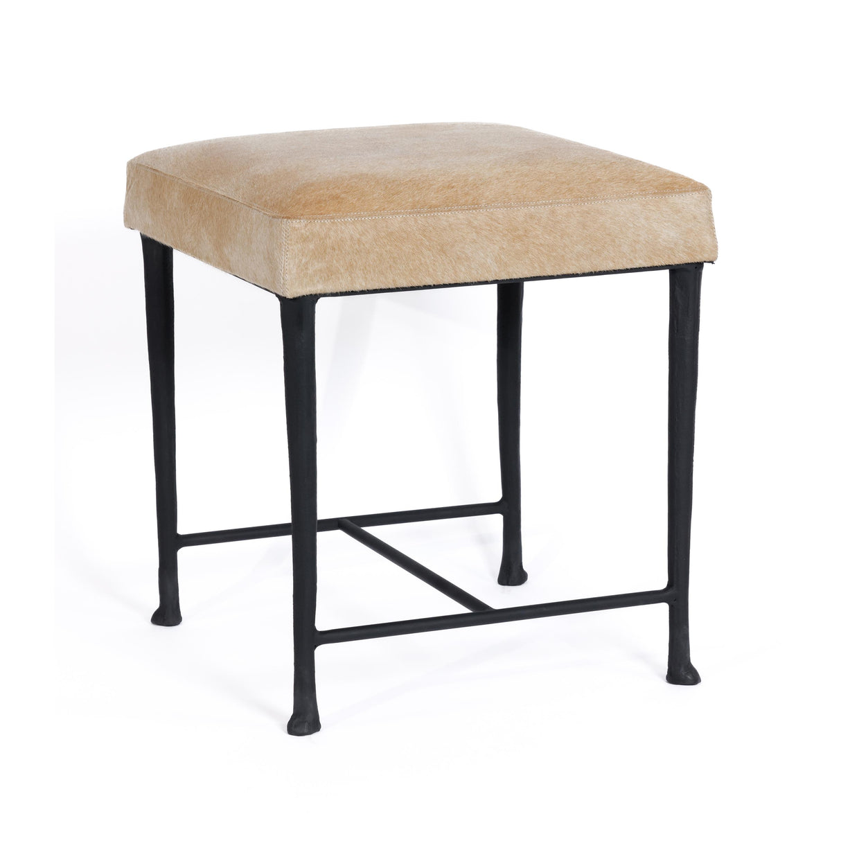 Zodax Tan Corviglia Hair-On-Hide Leather Stool with Forged Iron Base