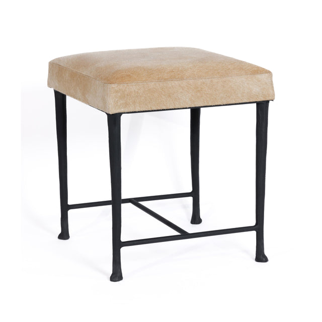 Zodax Tan Corviglia Hair-On-Hide Leather Stool with Forged Iron Base