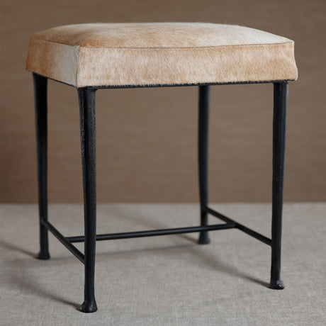 Zodax Tan Corviglia Hair-On-Hide Leather Stool with Forged Iron Base