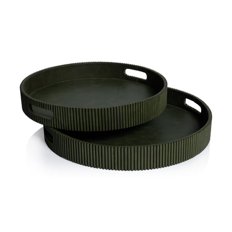Zodax 18" Round Fluted Green Leather Tray