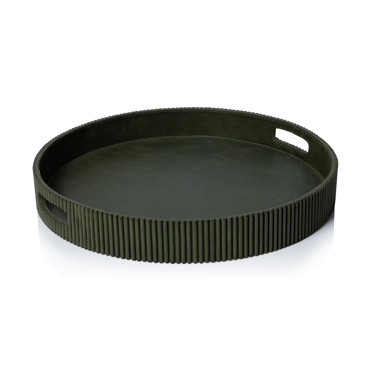 Zodax 20" Round Fluted Green Leather Tray