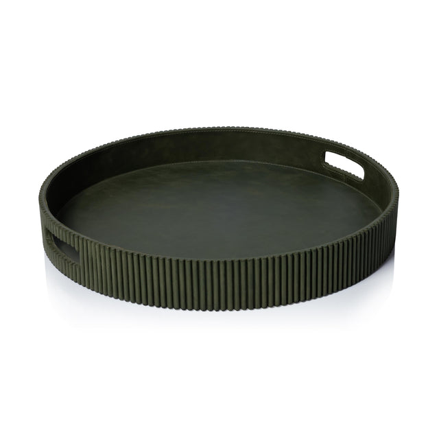 Zodax 20" Round Fluted Green Leather Tray