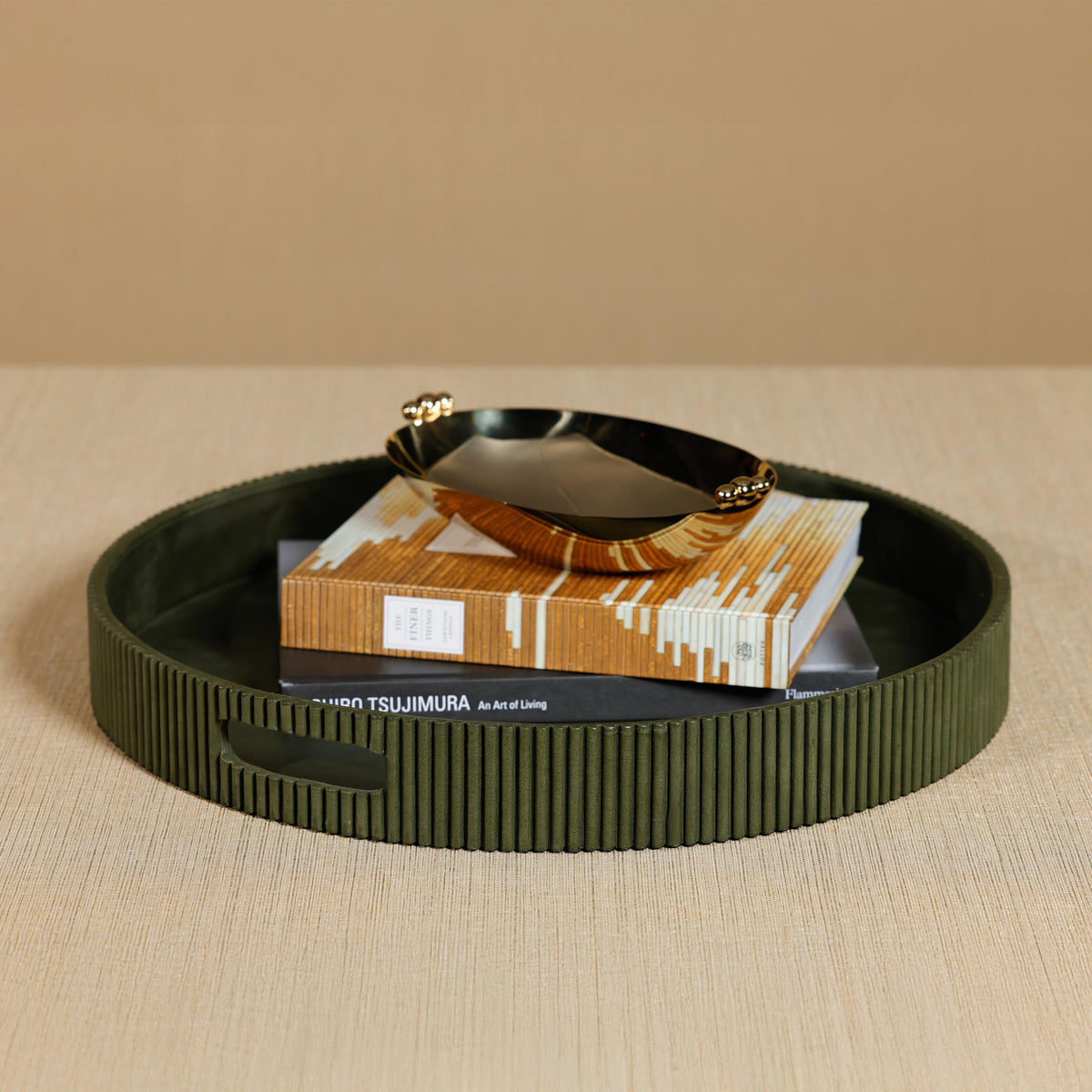 Zodax 20" Round Fluted Green Leather Tray
