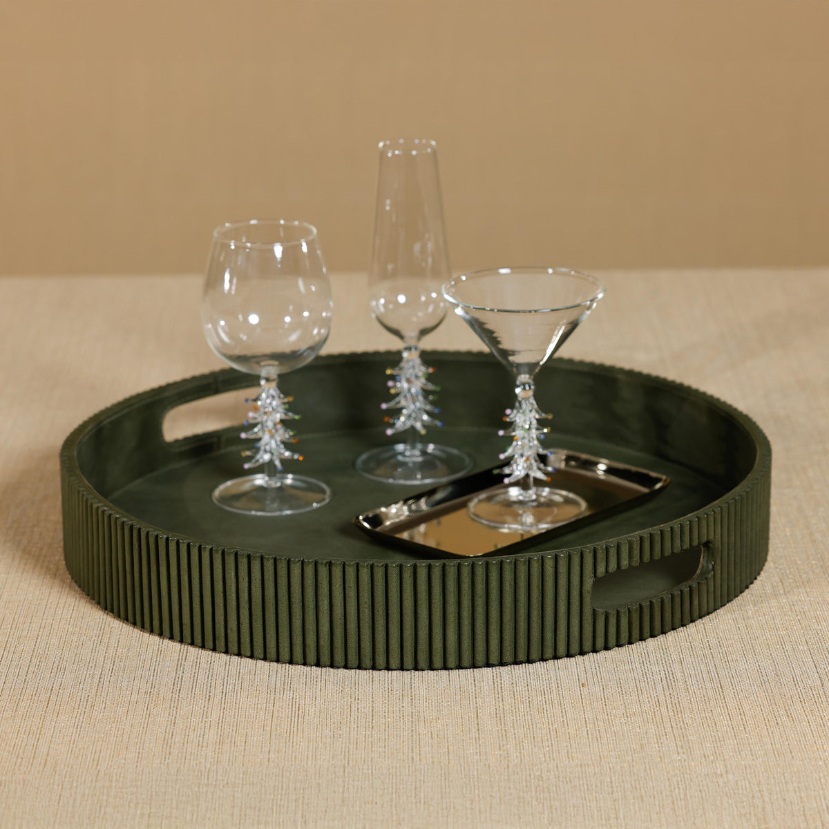 Zodax 20" Round Fluted Green Leather Tray