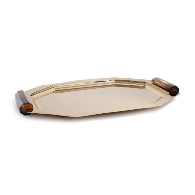 Zodax Medium Gold Polished Octagon Metal Serving Trays with Horn Handles