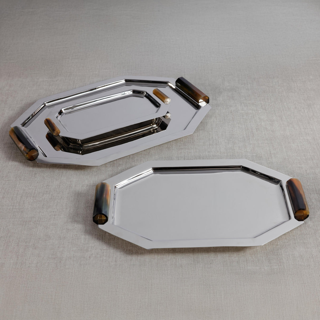 Zodax Medium Nickel Polished Octagon Metal Serving Trays with Horn Handles