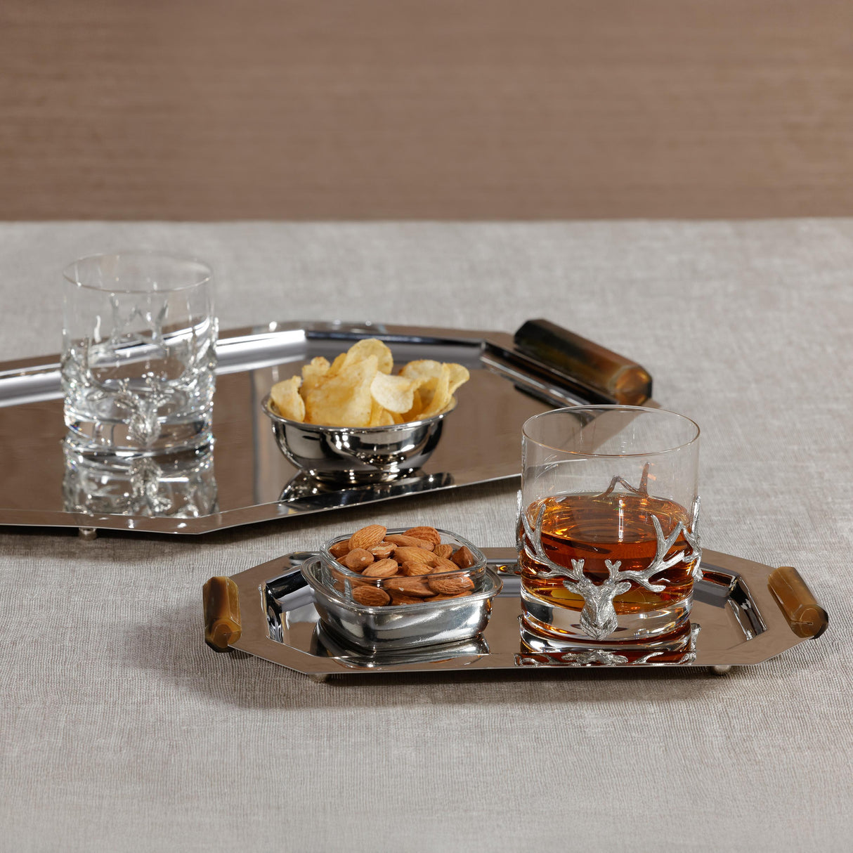 Zodax Large Nickel Polished Octagon Metal Serving Trays with Horn Handles