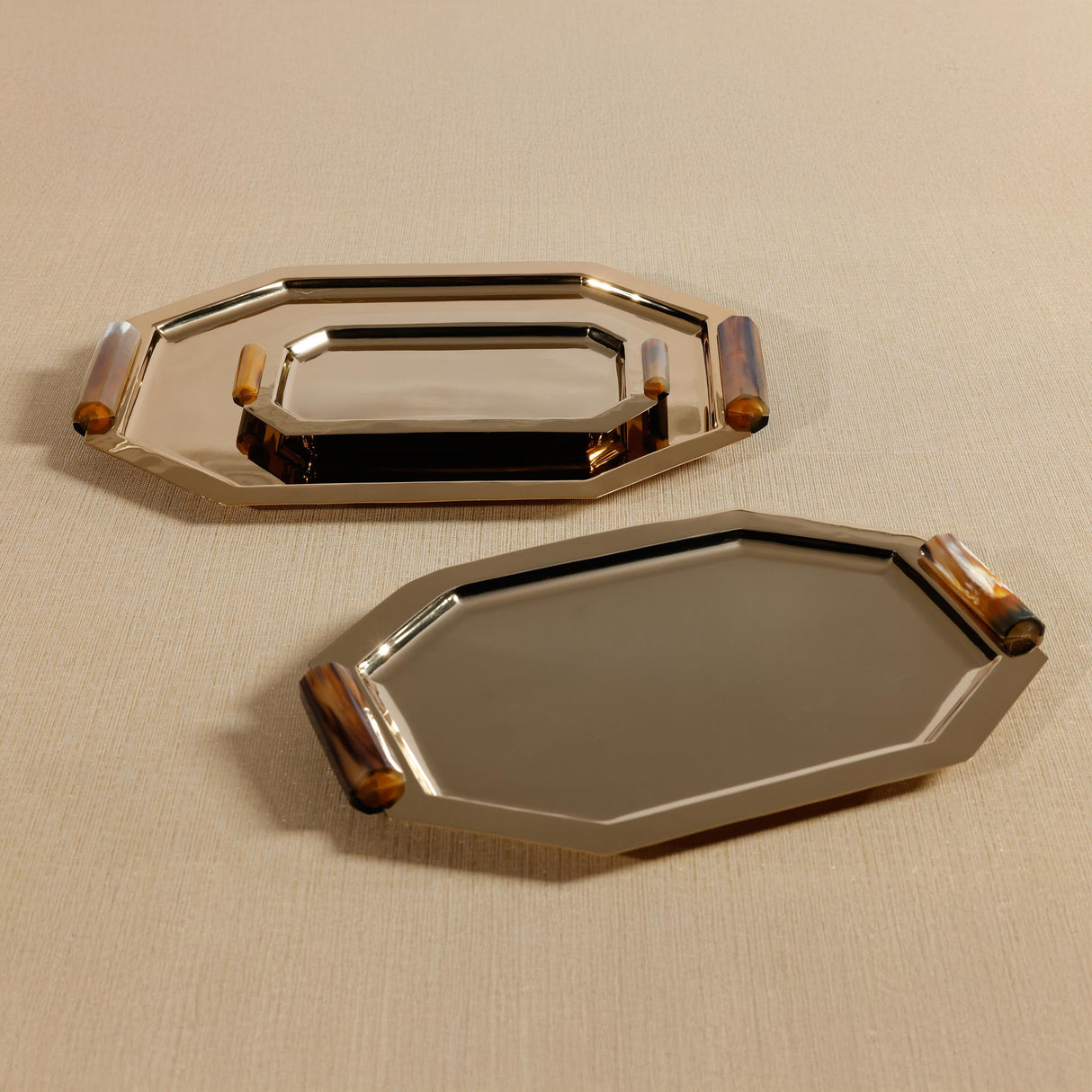 Zodax Large Gold Polished Octagon Metal Serving Trays with Horn Handles