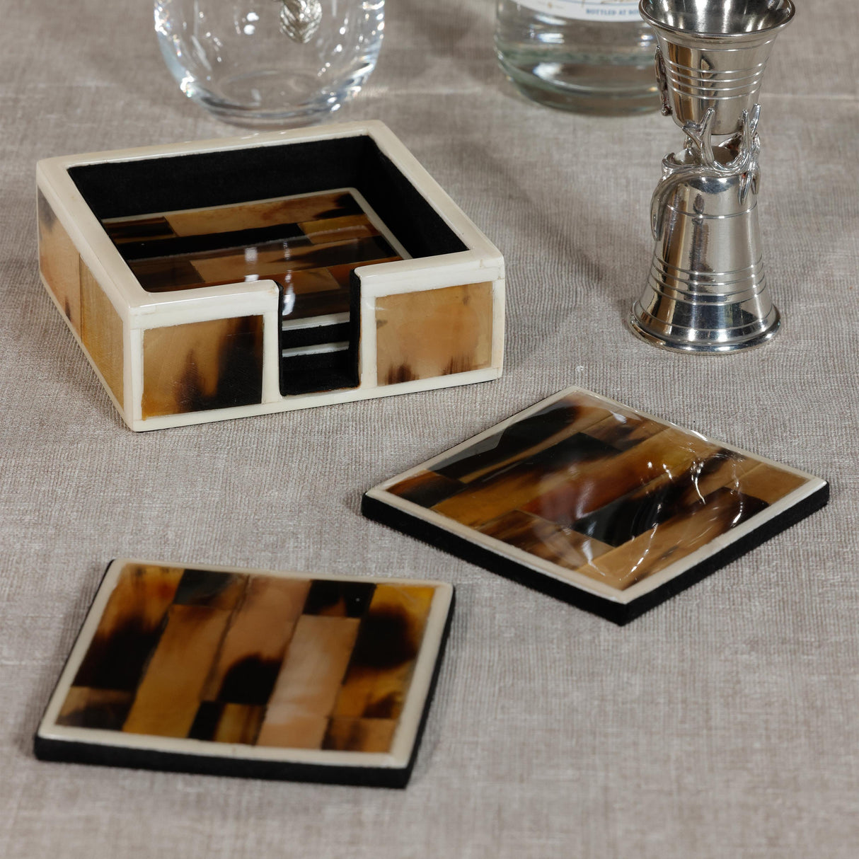 Zodax Maison Helvte Horn & Bone Coasters with Holder, Set of 4