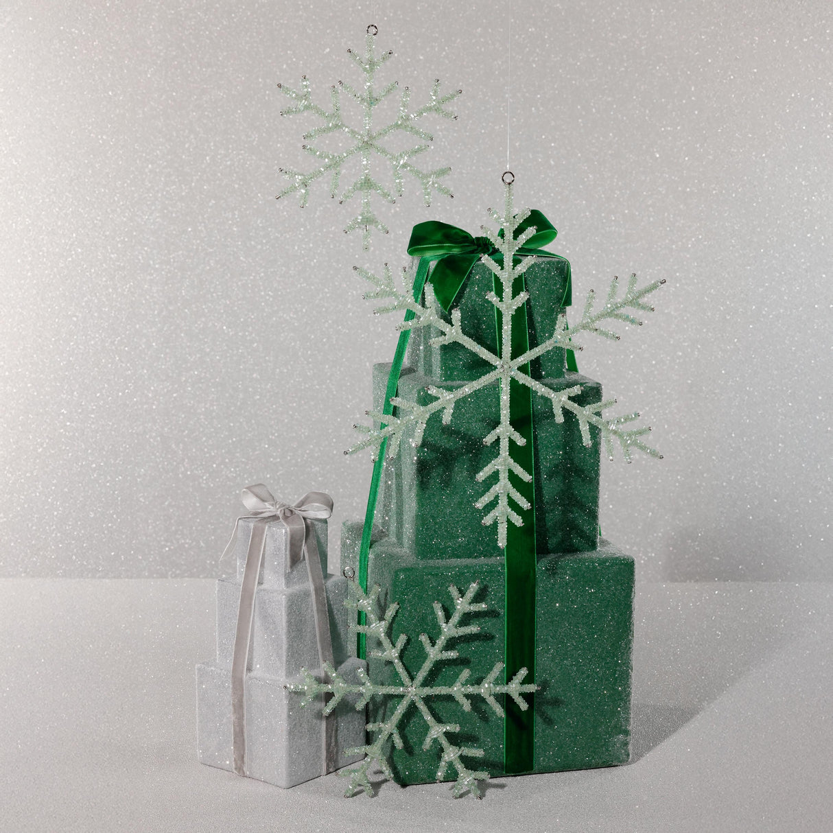 Zodax 10" Green Beaded Snowflake Christmas Hanging Dcor Ornaments, Set of 12