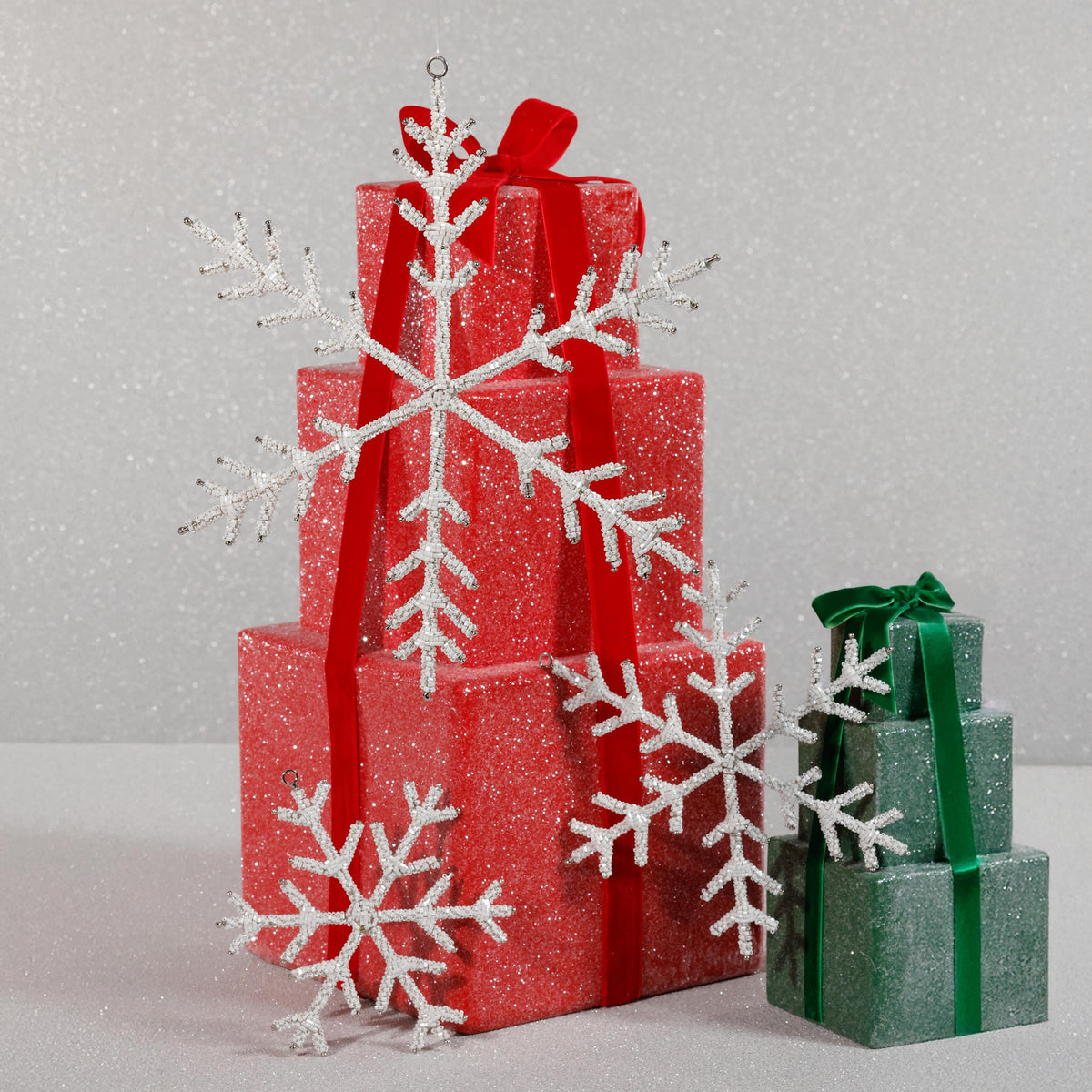 Zodax 6" White Beaded Snowflake Christmas Hanging Dcor Ornaments, Set of 12