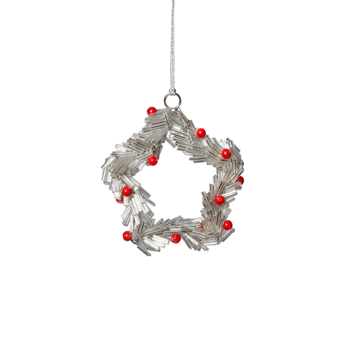 Zodax 4" Silver Festive Beaded Christmas Hanging Ornaments with Red Berries, Set of 12