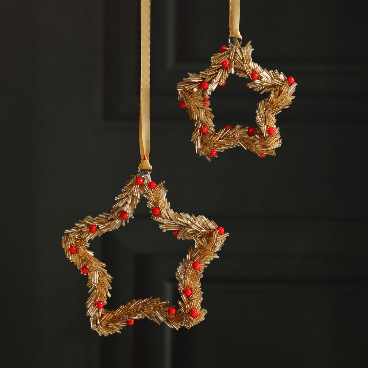 Zodax 4" Gold Festive Beaded Christmas Hanging Ornaments with Red Berries, Set of 12