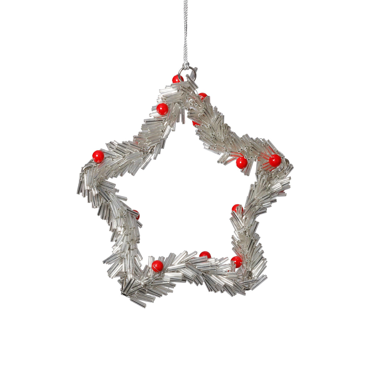 Zodax 6" Silver Festive Beaded Christmas Hanging Ornaments with Red Berries, Set of 12