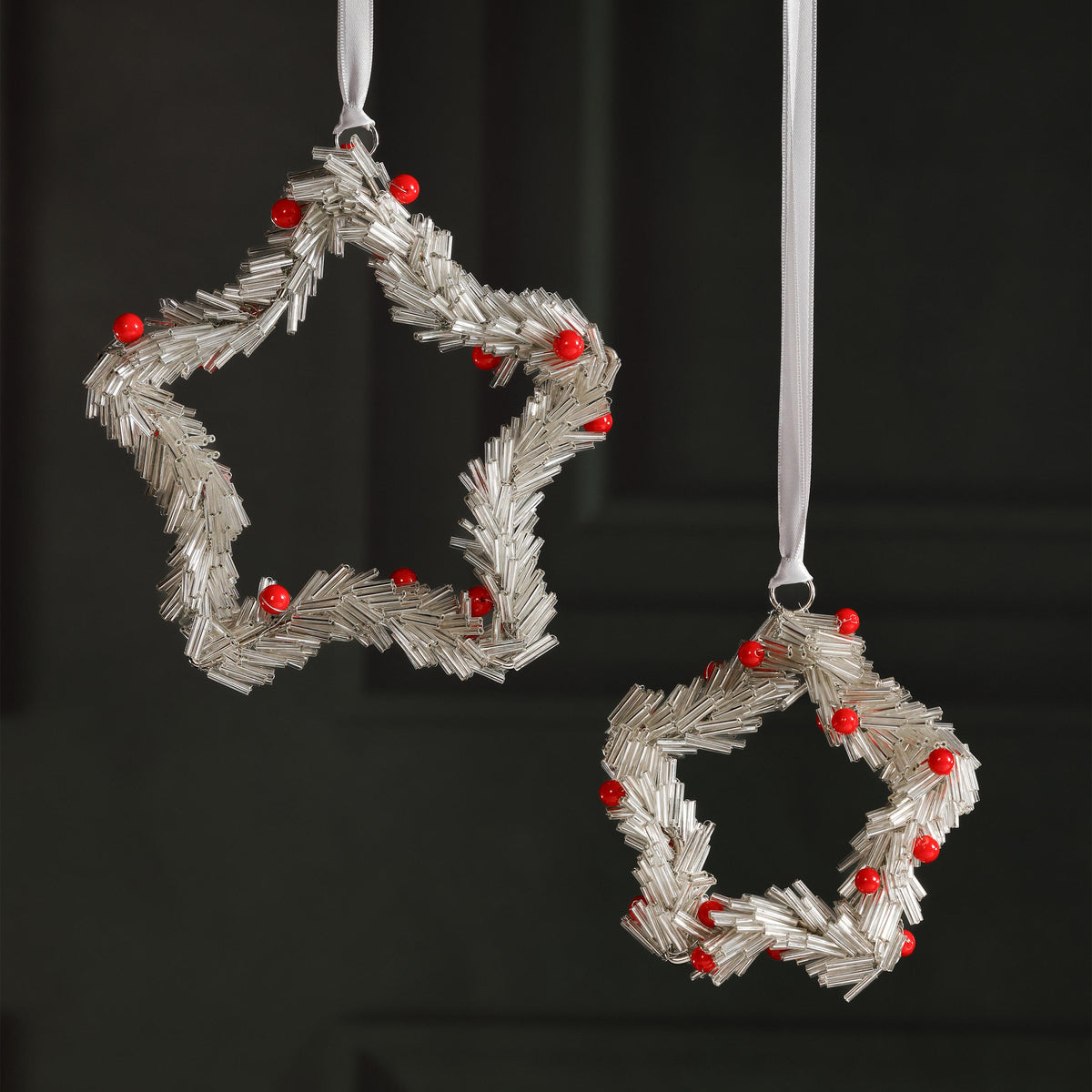 Zodax 6" Silver Festive Beaded Christmas Hanging Ornaments with Red Berries, Set of 12