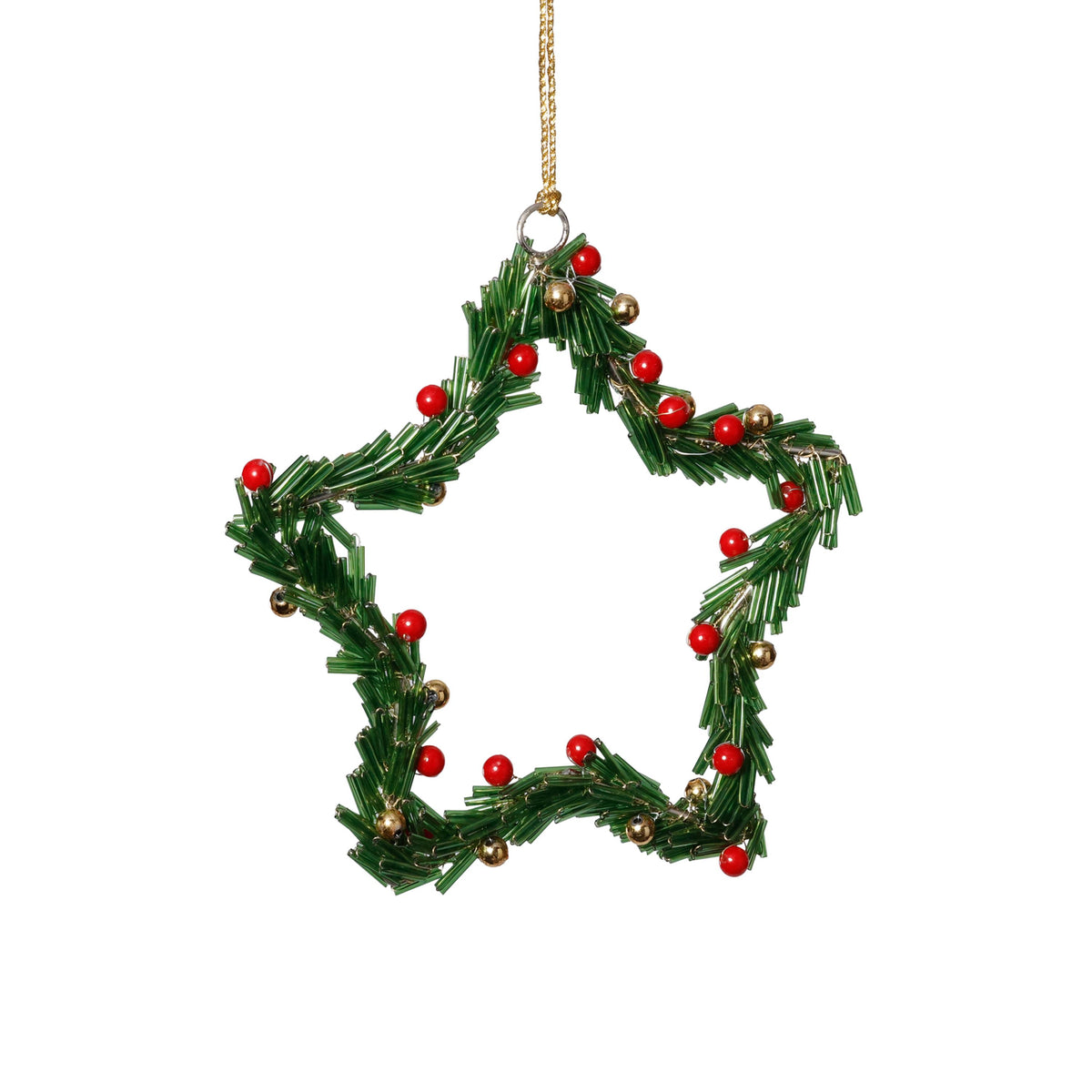 Zodax 6" Green Festive Beaded Christmas Hanging Ornaments with Red Berries, Set of 12