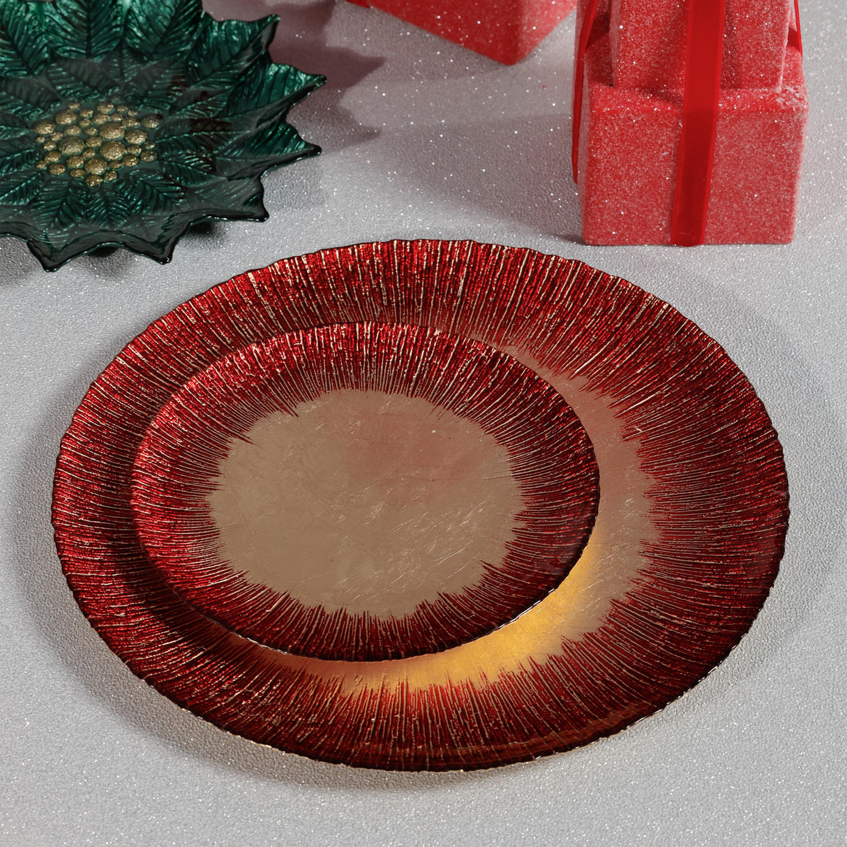 Zodax Gold & Red Celestial Rim Glass Dinner Plates, Set of 6