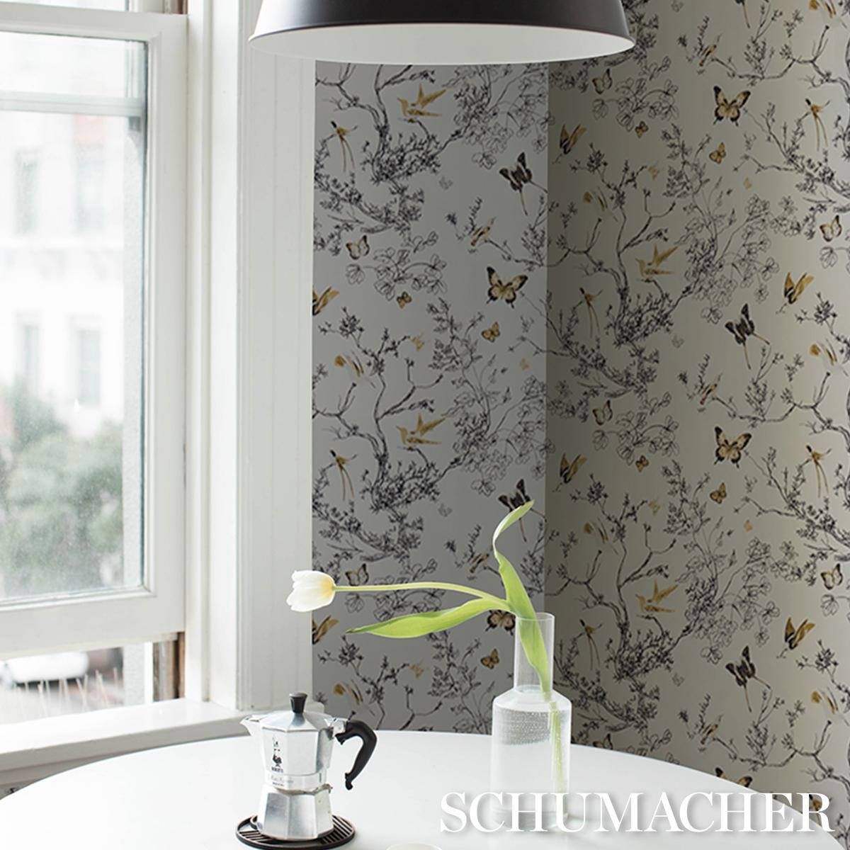 Schumacher Birds & Butterflies Black & Gold Wallpaper