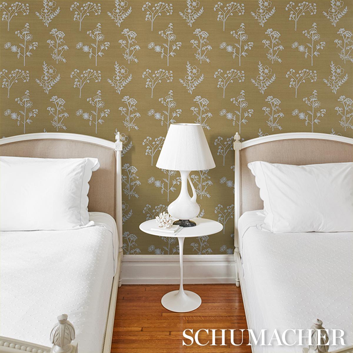 Schumacher Lisbeth Embroidered Sisal Olive Wallpaper
