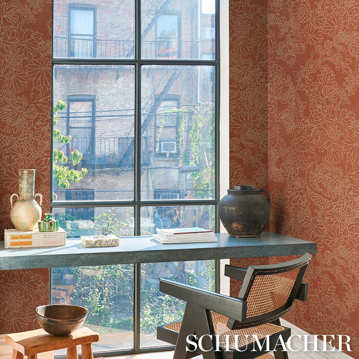 Schumacher Chiang Mai Dragon Silhouette Raffia Terracotta Wallpaper