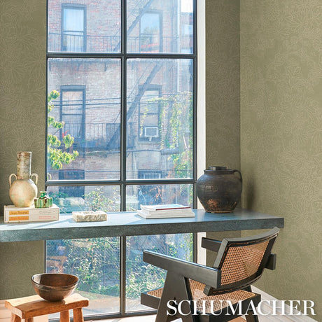 Schumacher Chiang Mai Dragon Silhouette Raffia Sage Wallpaper