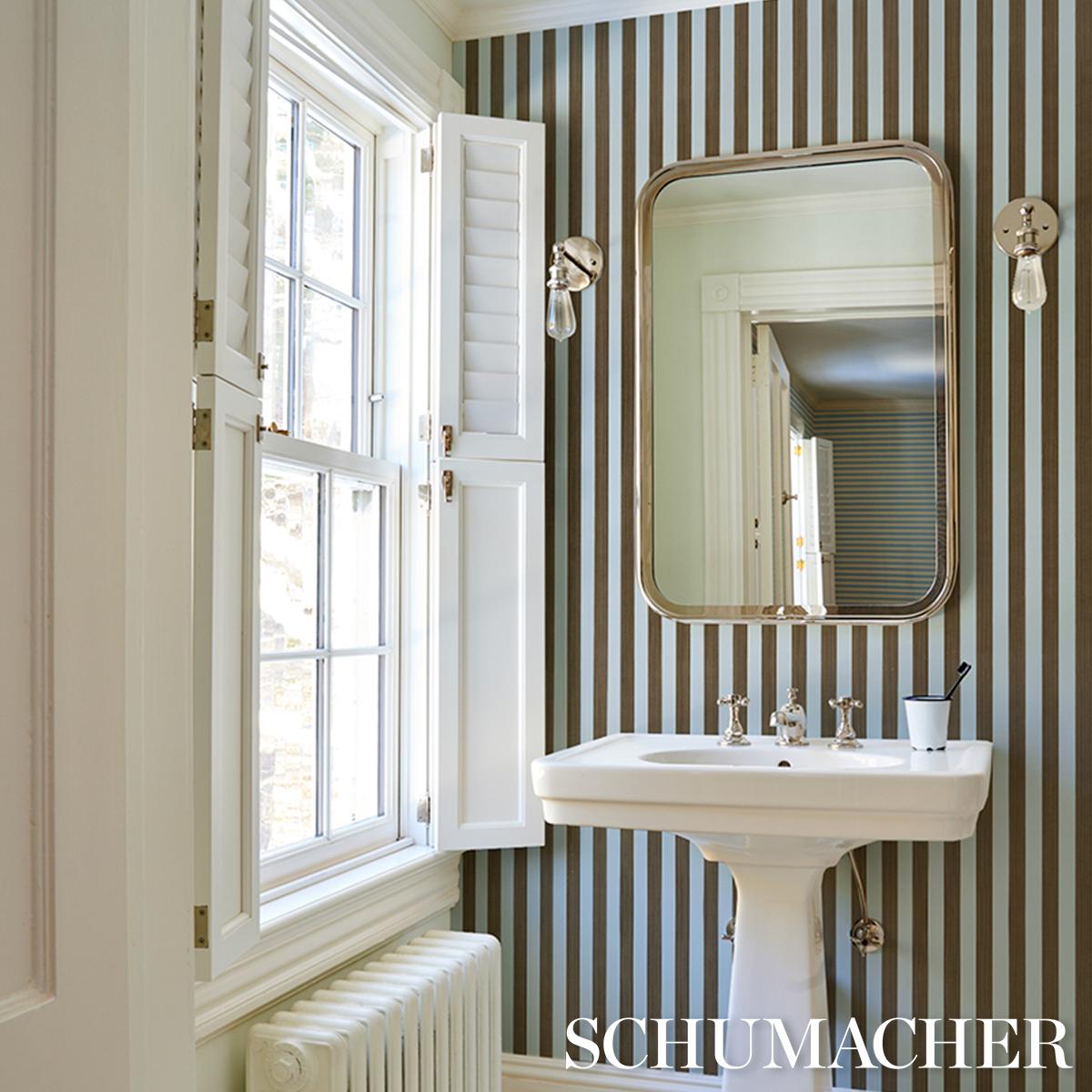 Schumacher Edwin Stripe Medium Brown & Sky Wallpaper