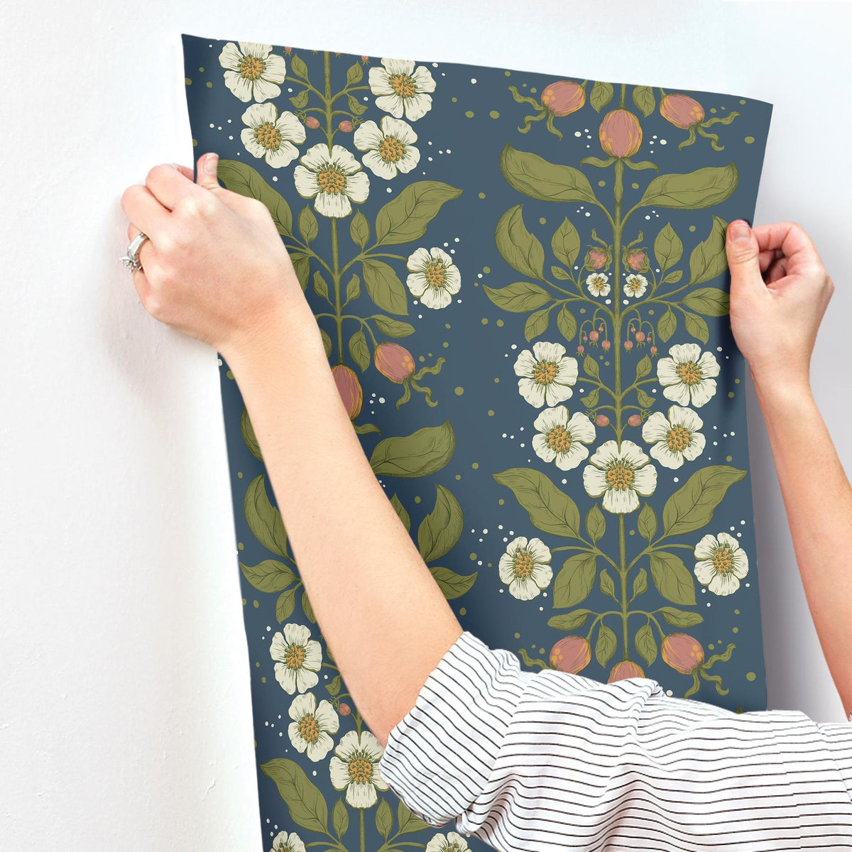A-Street Prints Rosa Navy Floral Columns Wallpaper