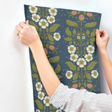 A-Street Prints Rosa Navy Floral Columns Wallpaper