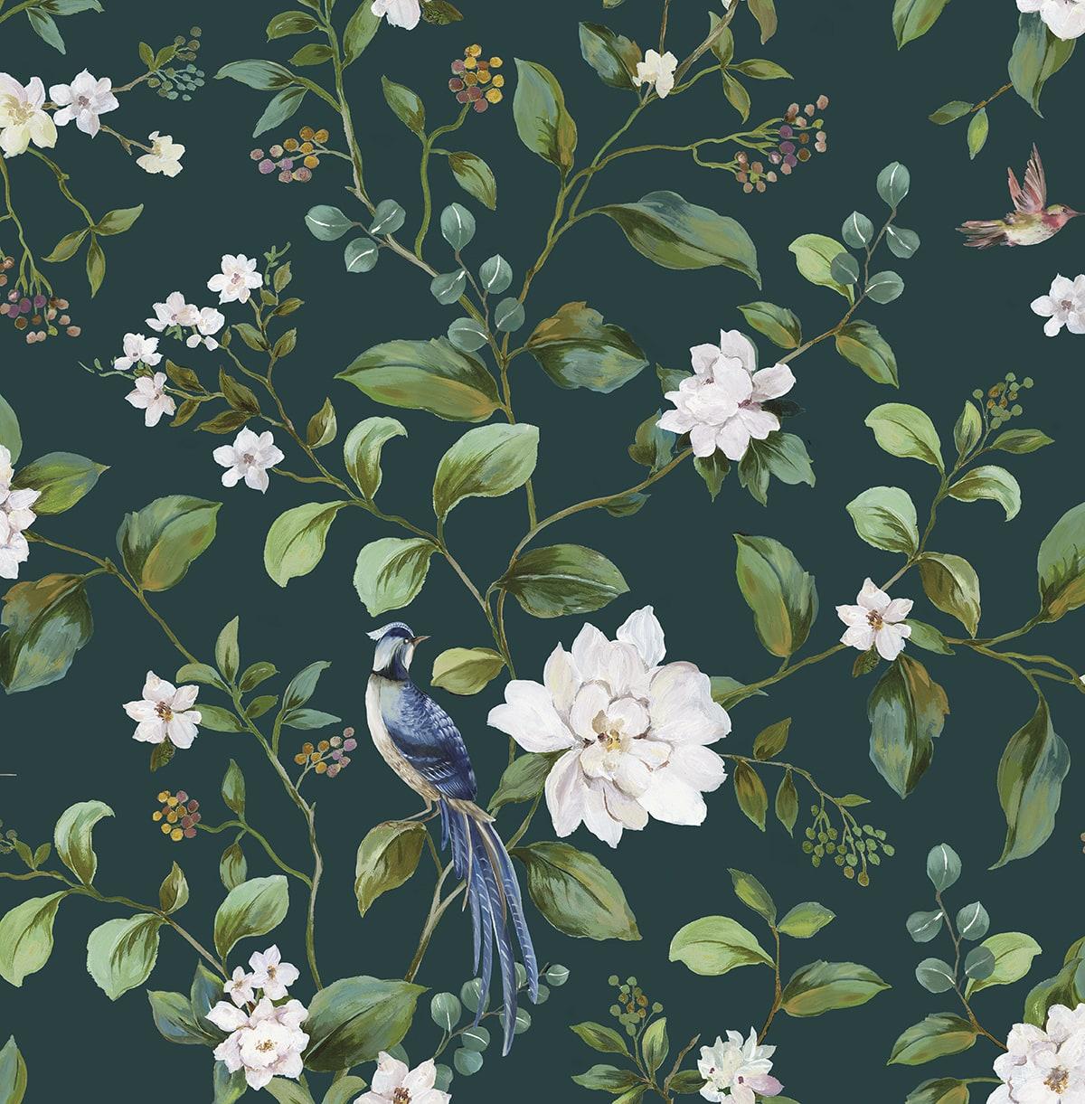 Seabrook Chinoiserie Bird Vine Teal Wallpaper