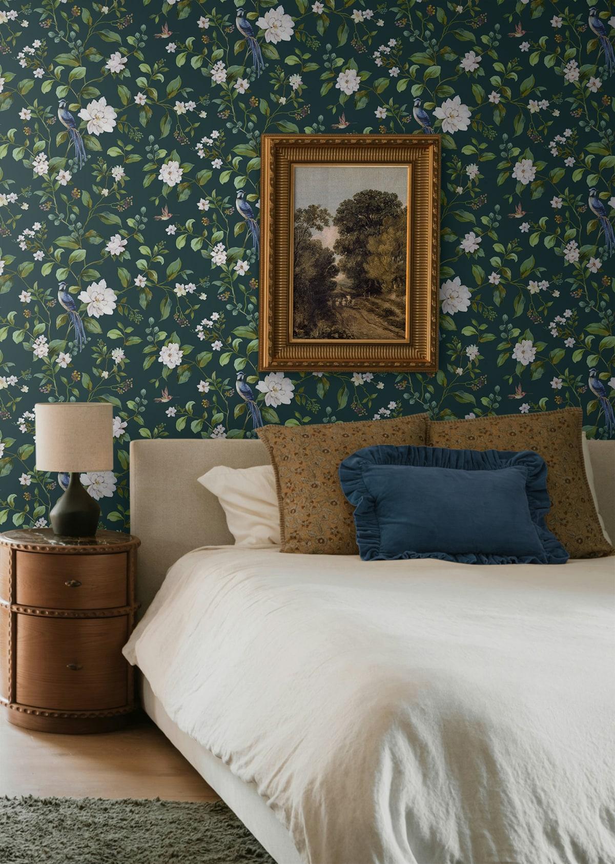 Seabrook Chinoiserie Bird Vine Teal Wallpaper