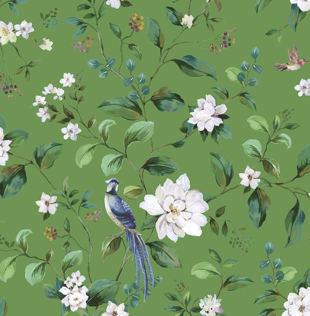 Seabrook Chinoiserie Bird Vine Green Wallpaper