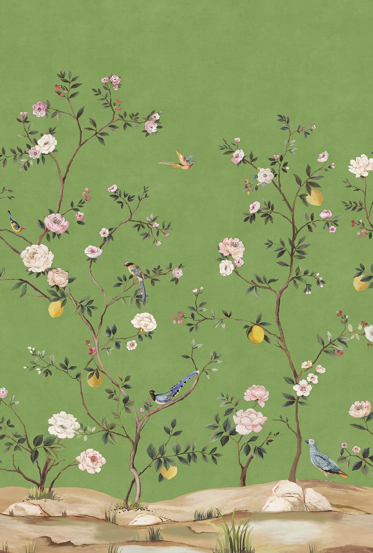 Seabrook Blossom Chinoiserie Mural Green Wallpaper