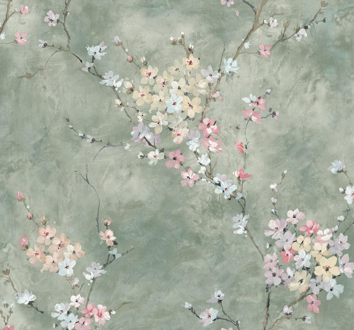 Seabrook Floral Blossom Green Smoke Wallpaper