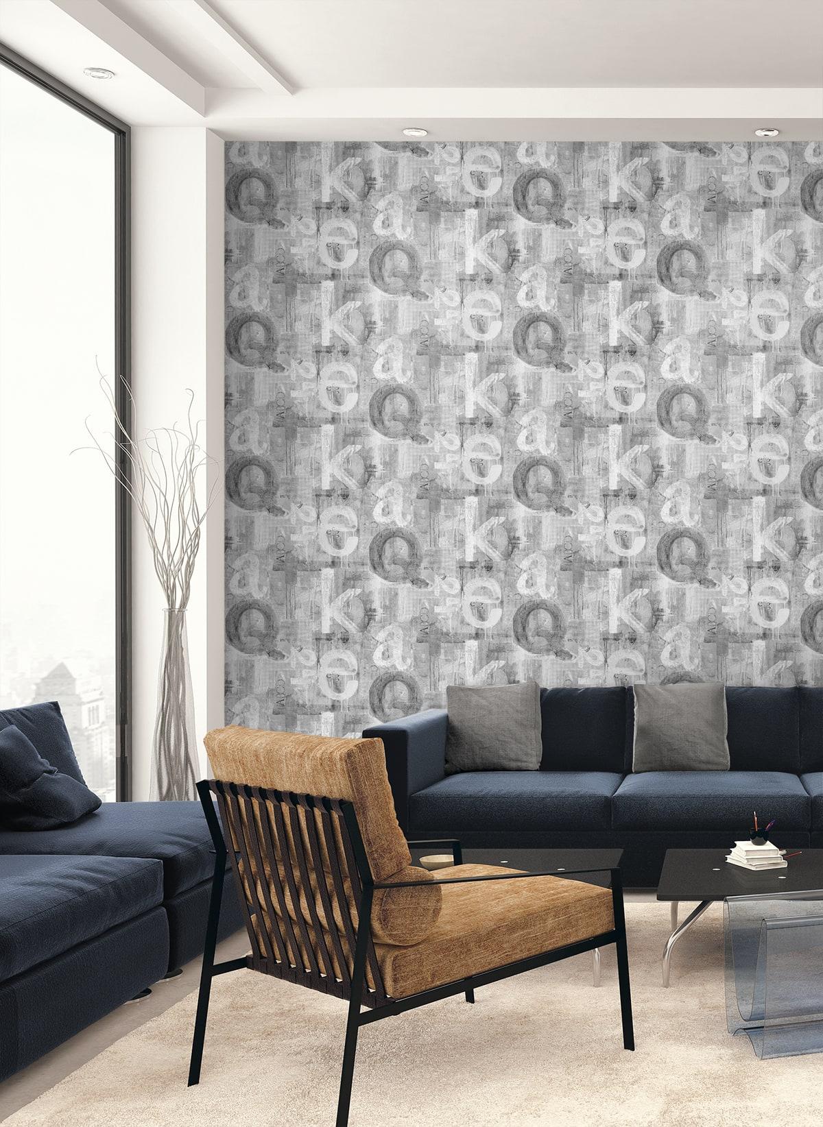 Seabrook Graphic Letters Pewter Wallpaper