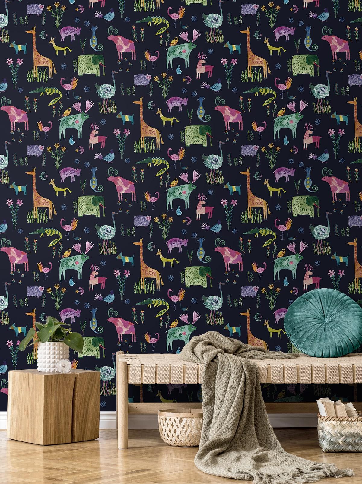 Seabrook Animals Dark Blue Wallpaper