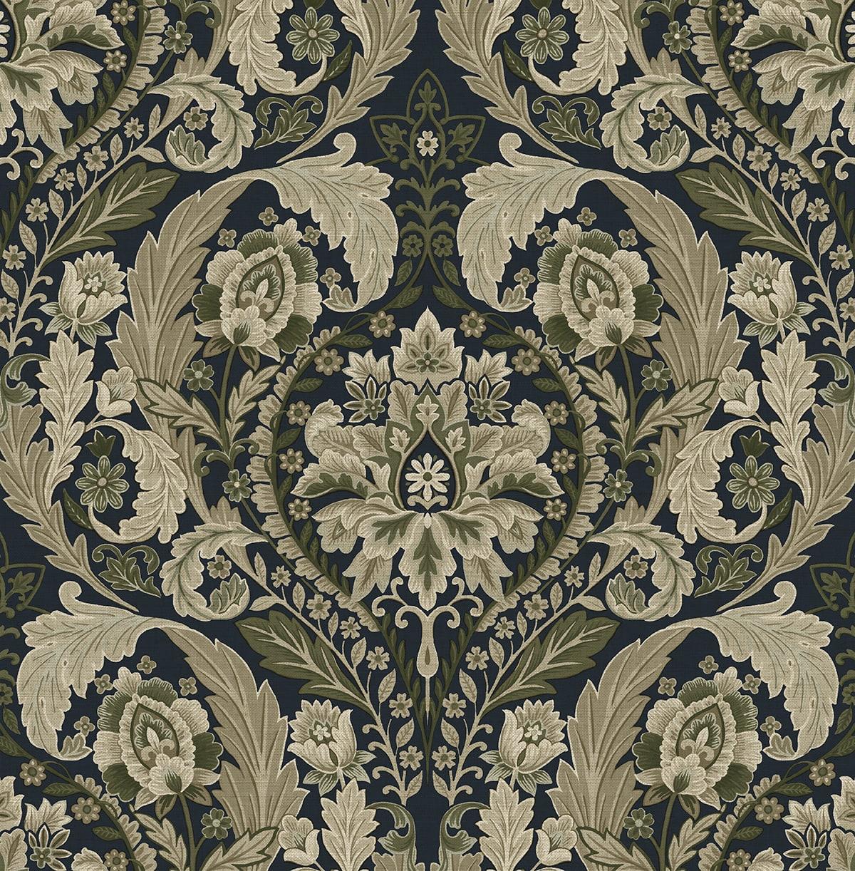 Seabrook Thornton Vintage Damask Deep Sea Wallpaper