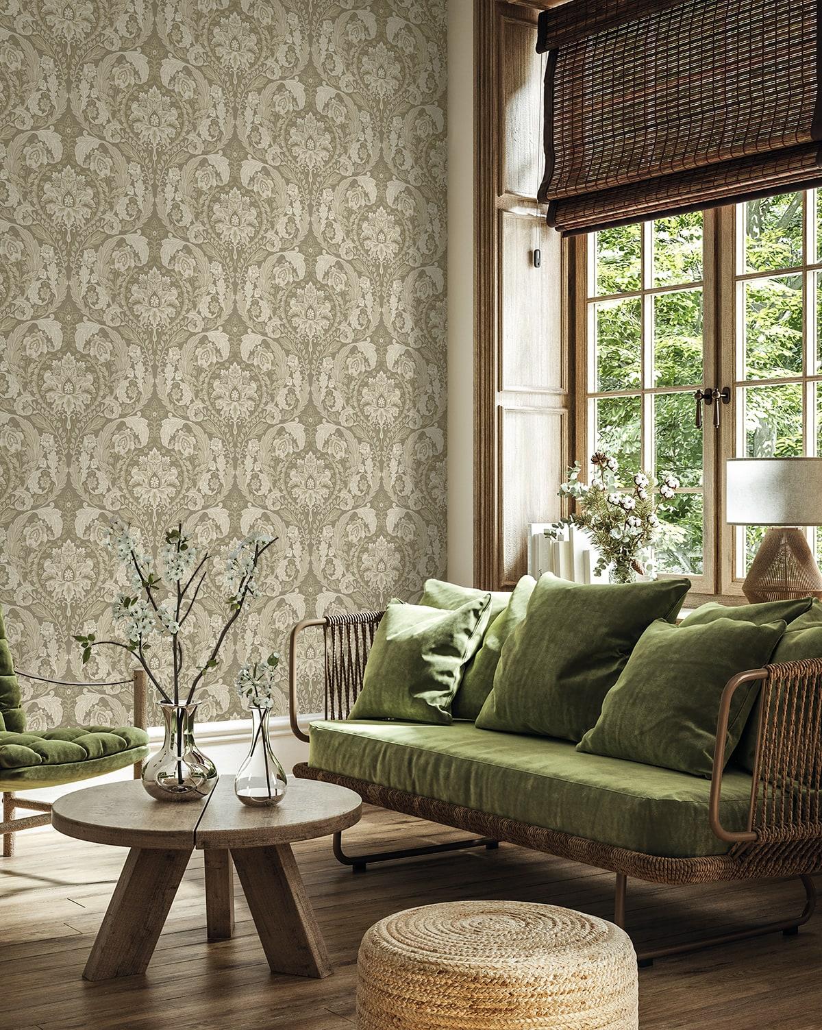 Seabrook Thornton Vintage Damask Latte Wallpaper
