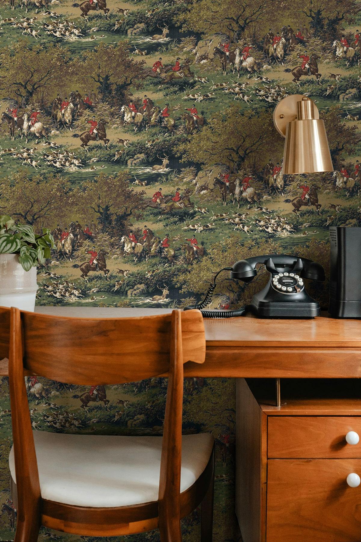 Seabrook Taunton Hunt Scene Olive & Midnight Wallpaper