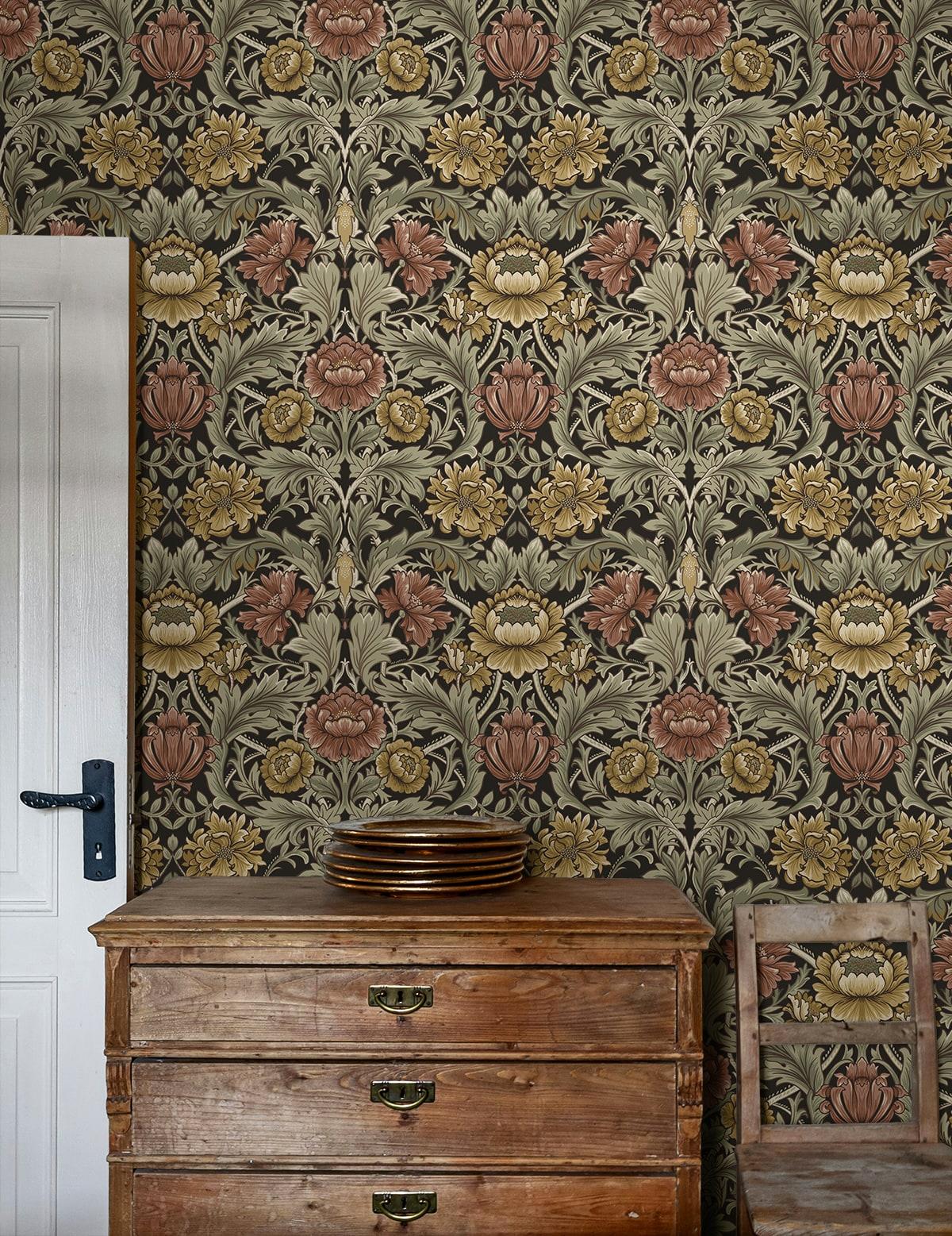 Seabrook Acanthus Floral Cameo Espresso Wallpaper