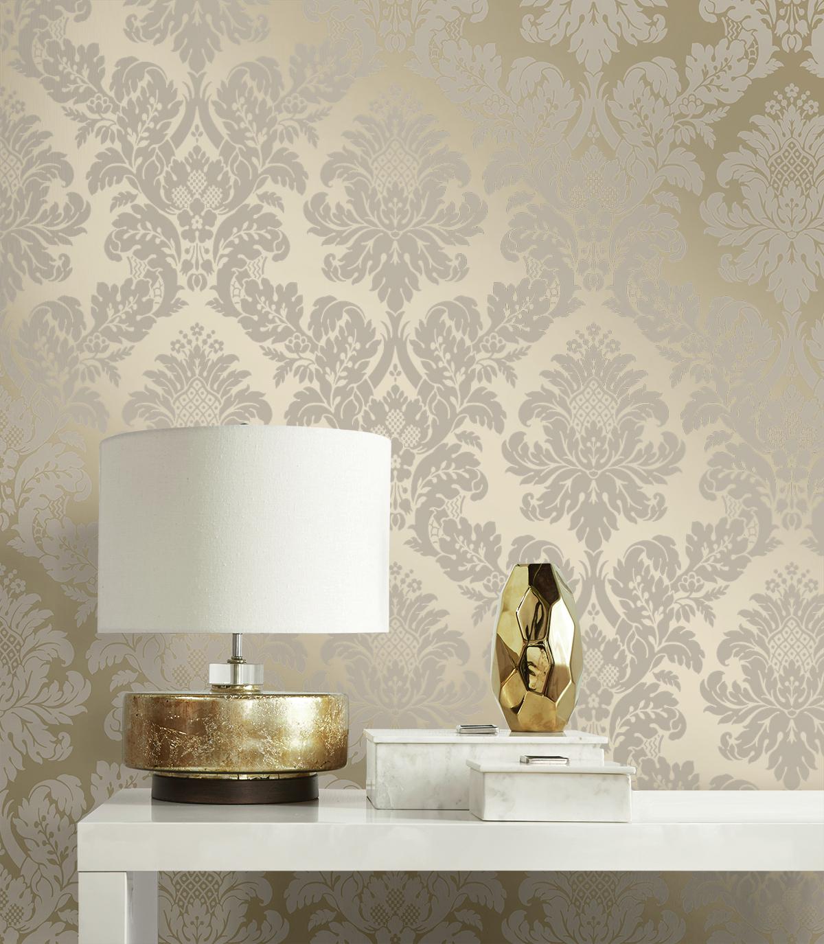 Seabrook Charnay Damask Metallic Champagne & Glitter Wallpaper