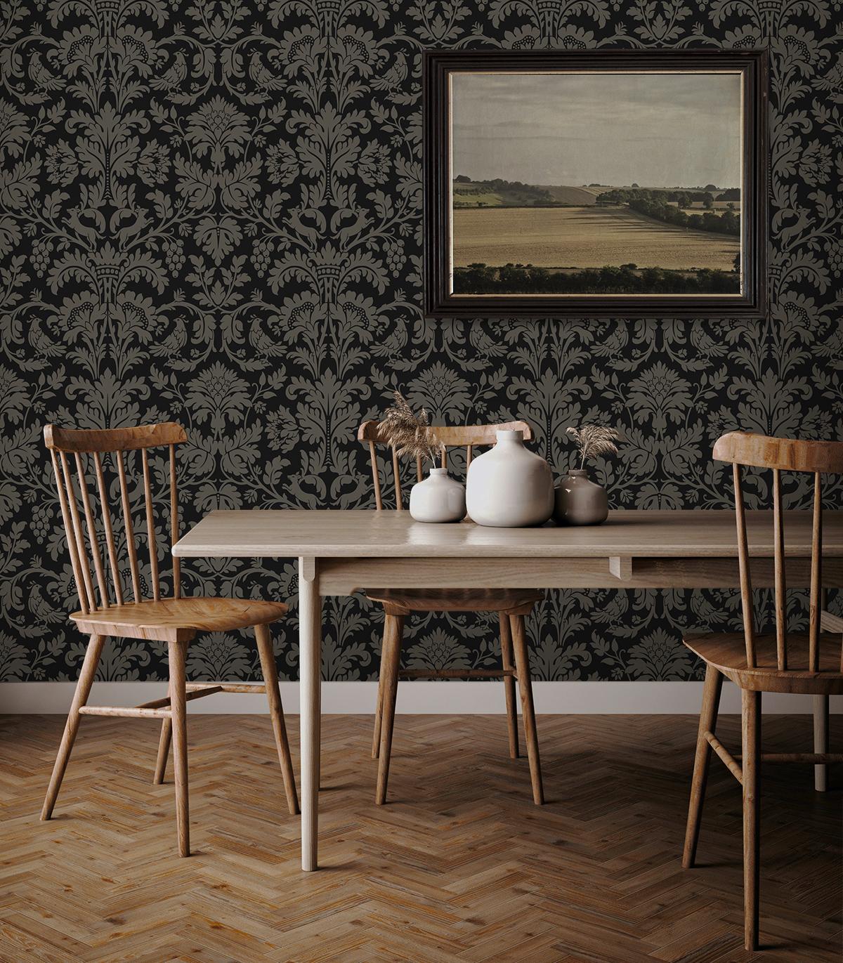 Seabrook Ansel Damask Ebony & Pavestone Wallpaper