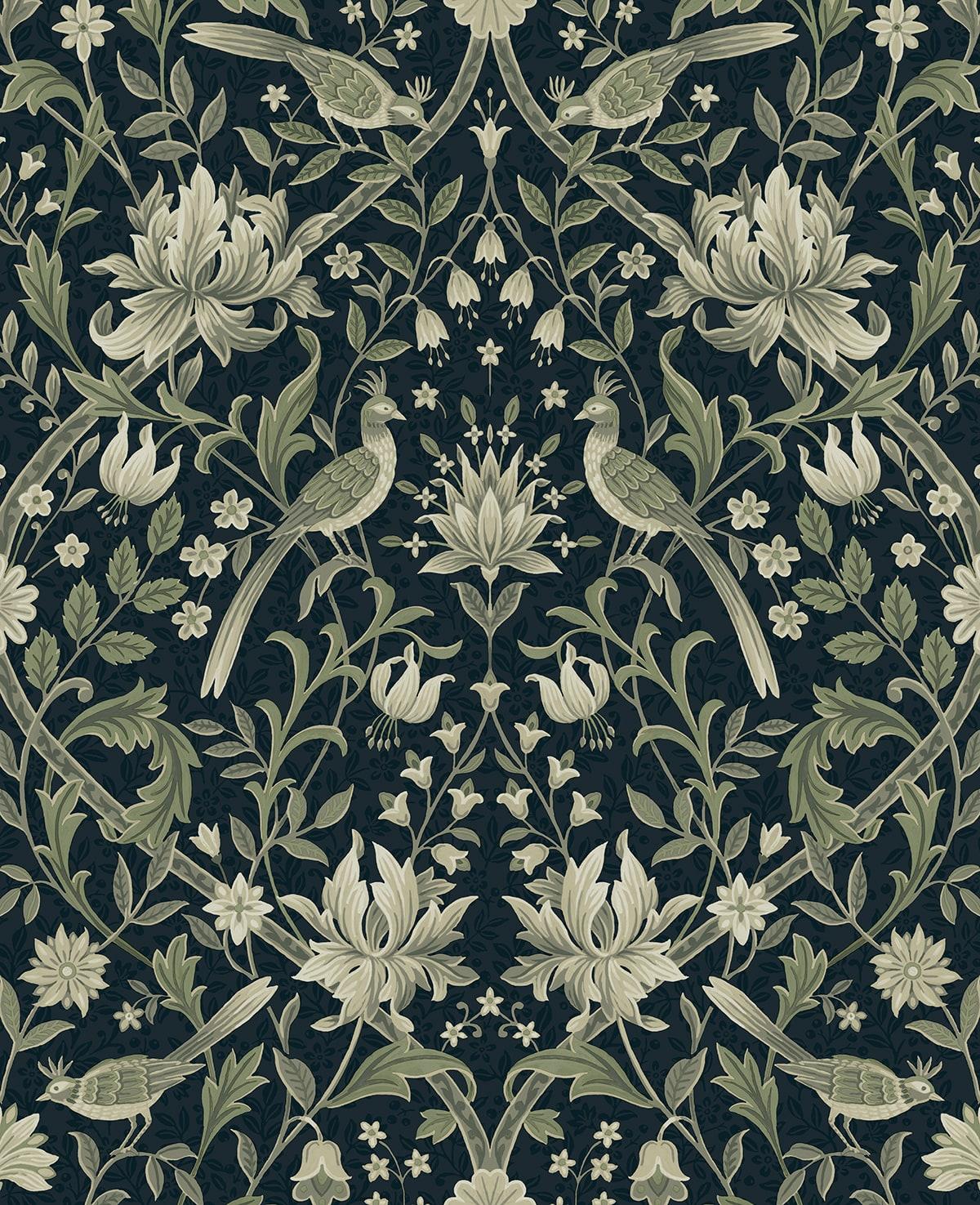 Seabrook Vintage Bird Ogee Blue & Sage Wallpaper