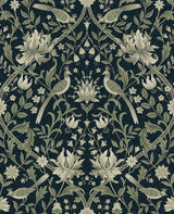 Seabrook Vintage Bird Ogee Blue & Sage Wallpaper
