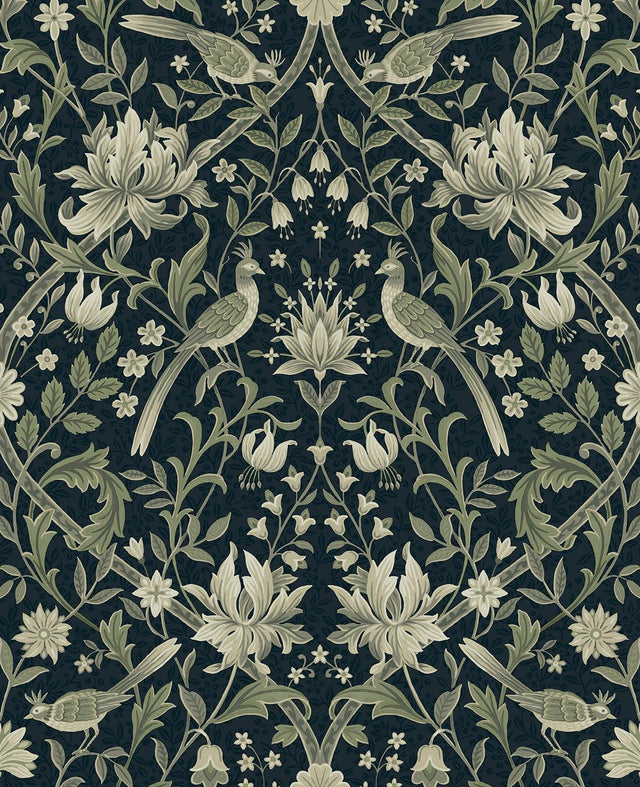 Seabrook Vintage Bird Ogee Blue & Sage Wallpaper
